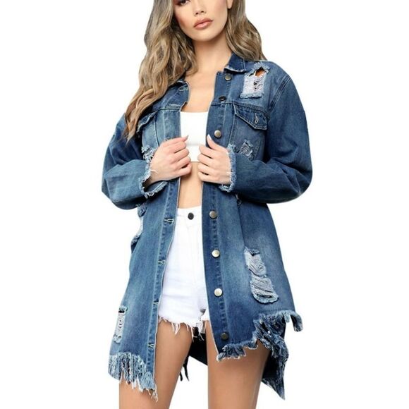American Bazi Denim Blue Jean Jacket Distressed Long Length Size M - Picture 5 of 10